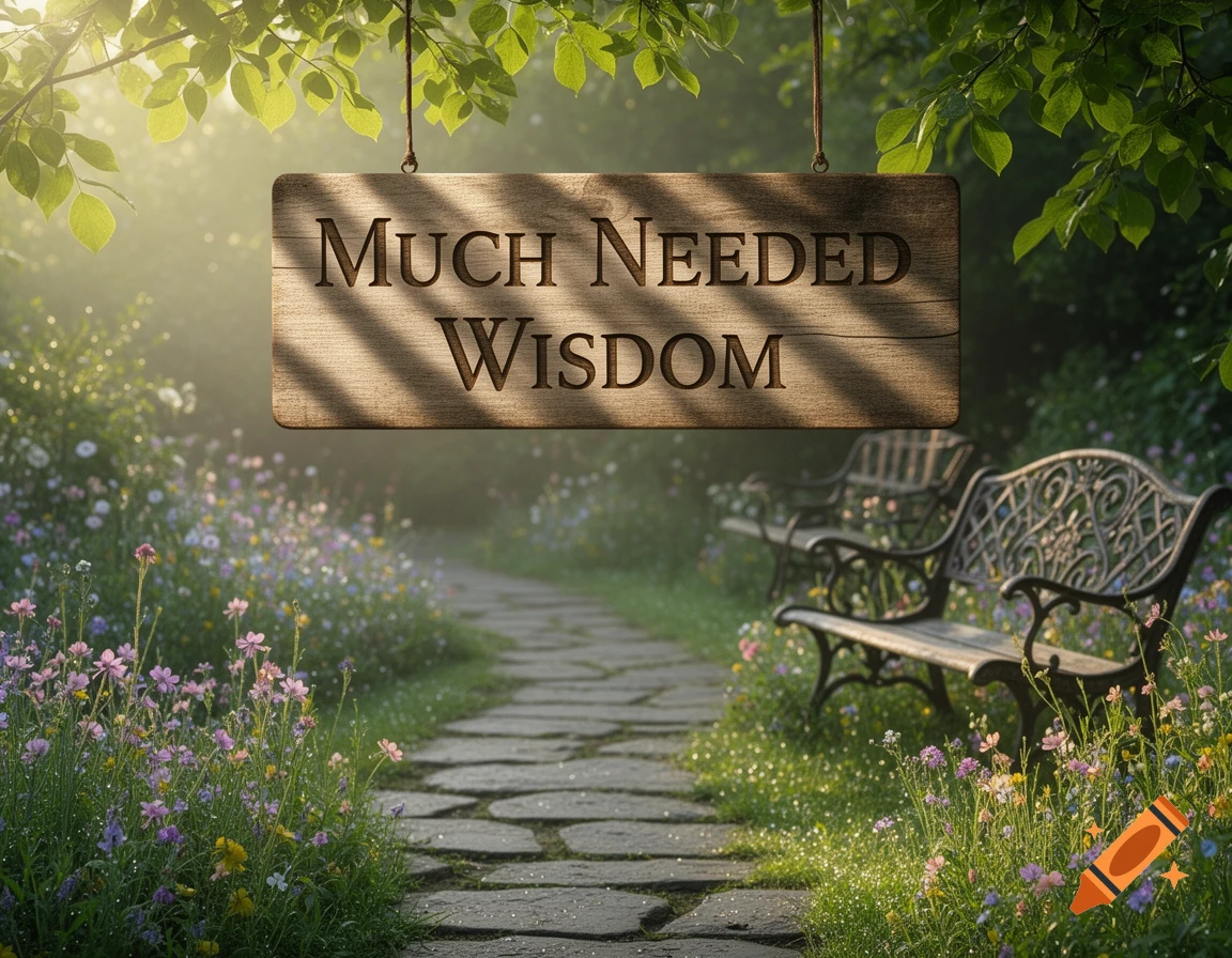 A wooden sign carved with 'MUCH NEEDED WISDOM' hangs over a sunlit garden path with wildflowers and benches.