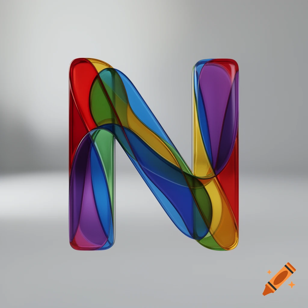 A vibrant, translucent letter N formed by overlapping colorful shapes against a light gray background.