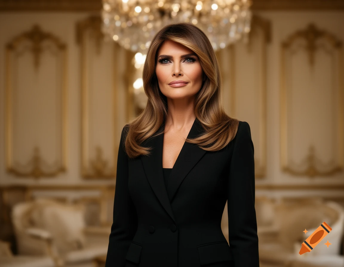 Melania Trump stands in a black suit in a luxurious room with a chandelier.