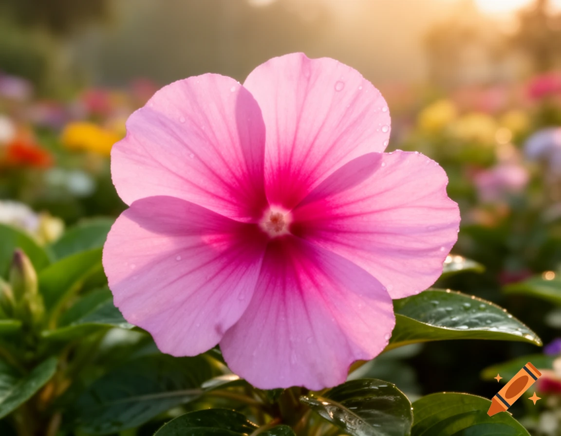Close-up of a vibrant pink flower with water droplets on its petals, set against a blurred background of a sunny garden.