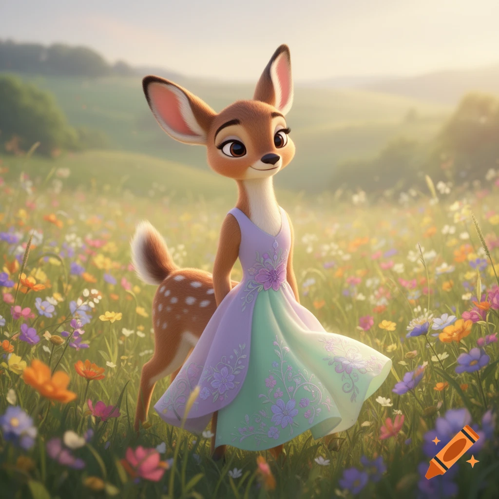 A stylized cartoon deer in a flowing lavender and mint dress stands in a sunlit field of colorful wildflowers.