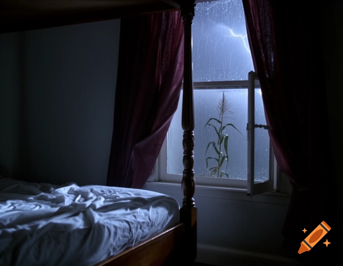 Dark bedroom interior at night, with lightning illuminating a rainy window and a corn stalk outside.