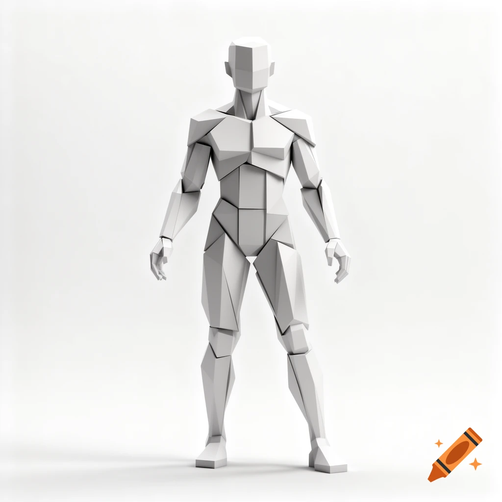 A minimalist, stylized human figure composed of light gray geometric blocks stands against a plain white background.