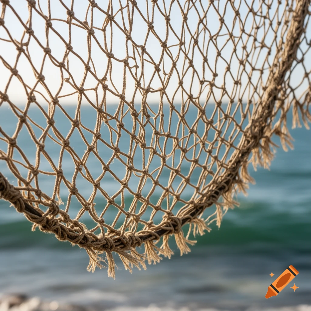 A close-up, photorealistic shot of a brown fishing net against a blurred blue ocean background.
