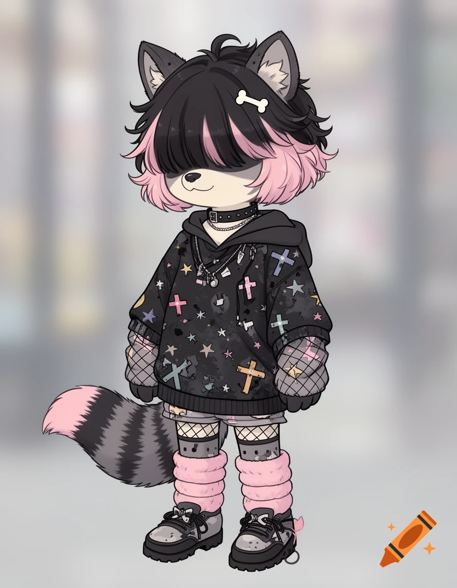 An anime-style anthropomorphic raccoon with black and pink hair, wearing an oversized black grunge hoodie, fishnet, pink leg warmers, and chunky shoes.