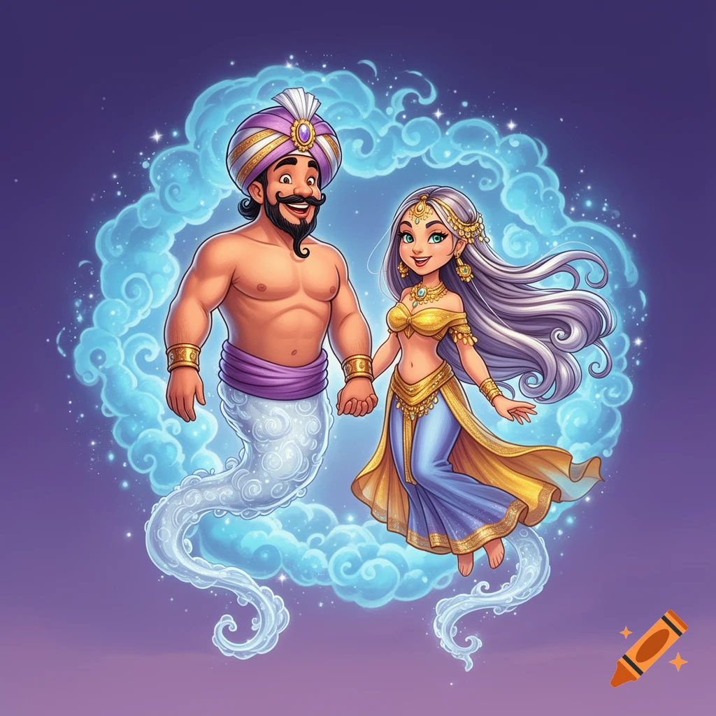 A cartoon male and female genie with wispy tails holding hands, floating in a magical blue cloud.