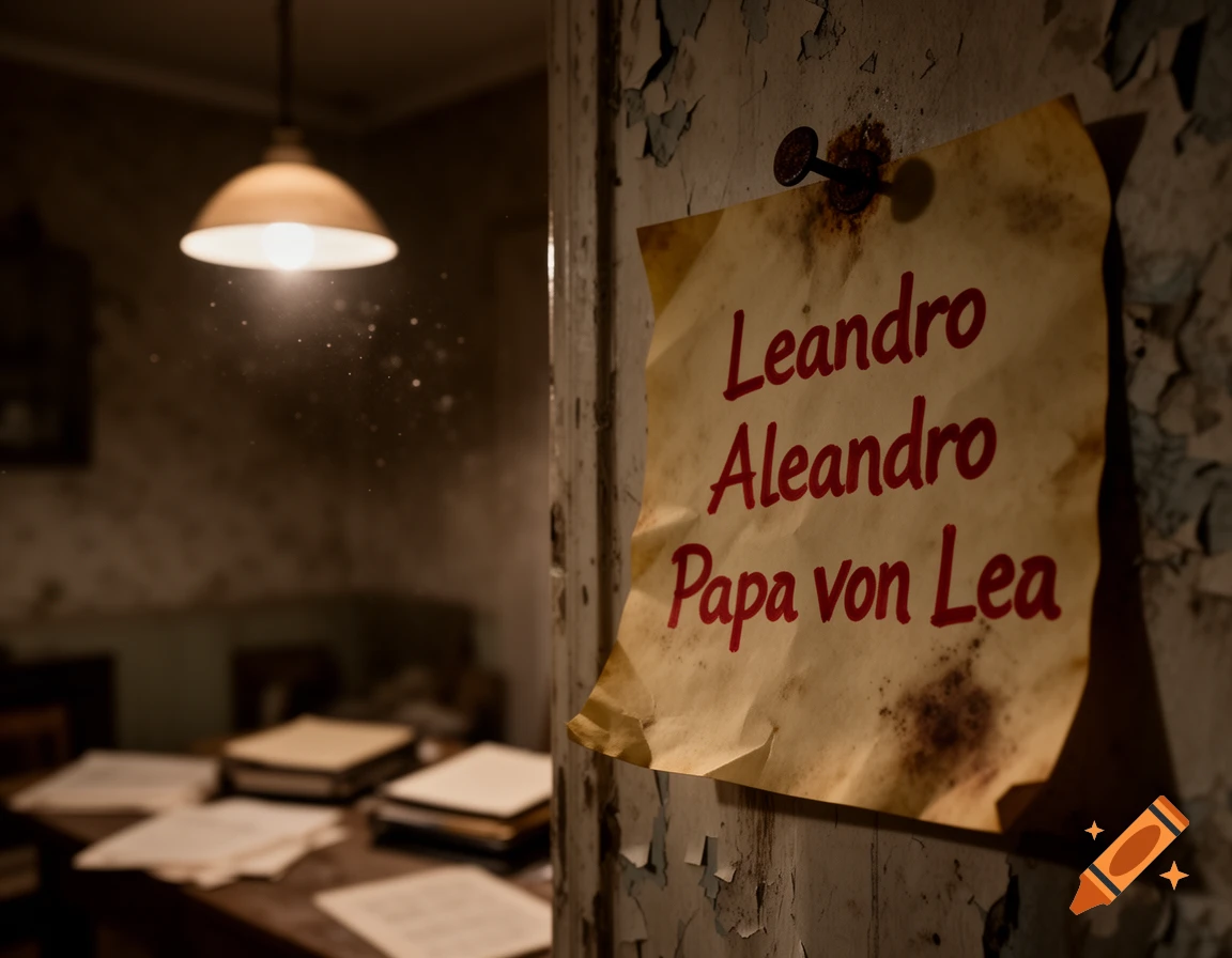 A crumpled, aged note with red text 'Leandro Aleandro Papa von Lea' pinned by a rusty nail to a peeling wall, in a dimly lit, dusty room.