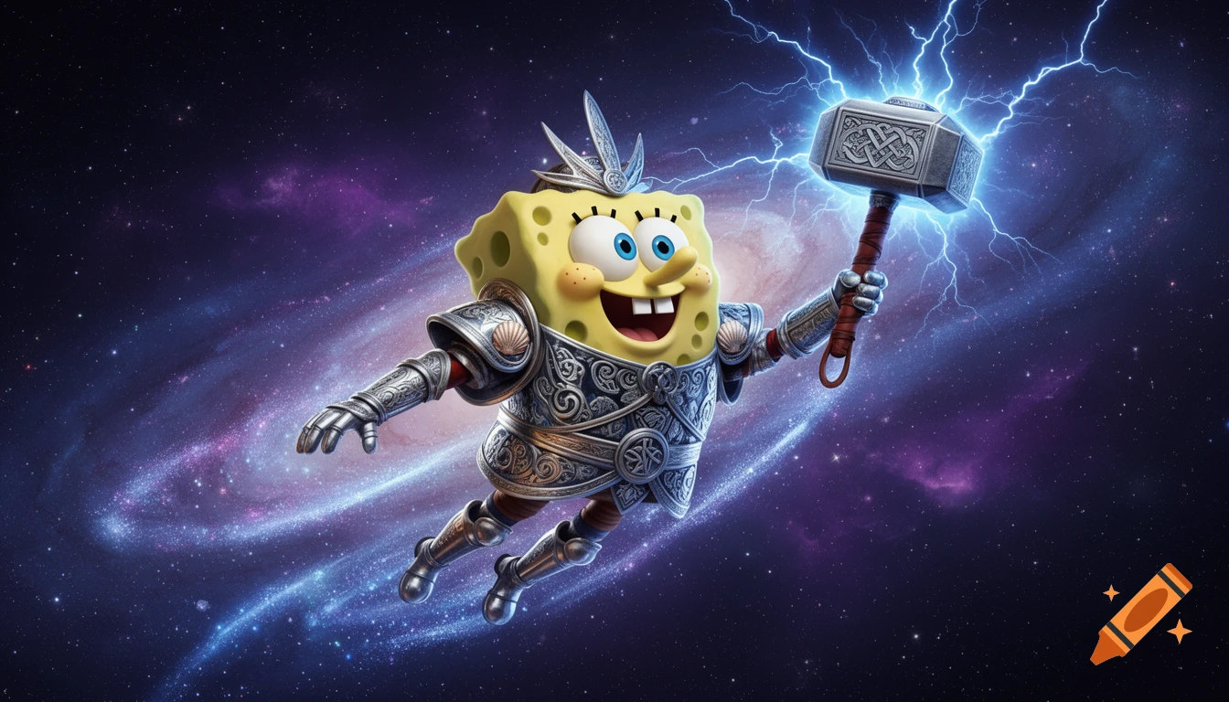 SpongeBob SquarePants in detailed silver armor, holding Mjolnir with lightning, flies through a vibrant purple and blue galaxy.