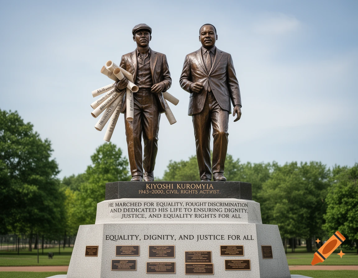 A photorealistic bronze monument featuring statues of Kiyoshi Kuromyia holding rolled papers and Dr. Martin Luther King Jr., standing side-by-side on a stone base inscribed with quotes, set against a backdrop of green trees and a blue sky.
