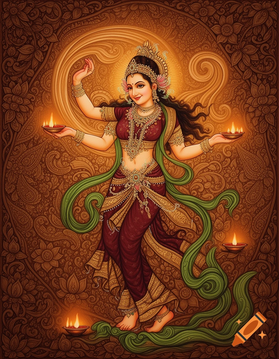 A radiant Hindu goddess in traditional attire, dancing and holding oil lamps, set against ornate patterns in a traditional Indian painting.