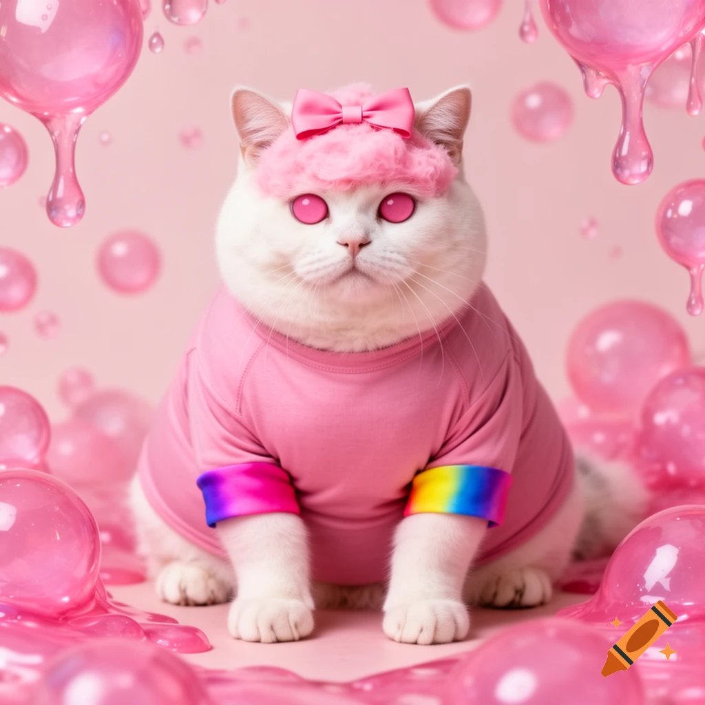 A fluffy white cat wearing a pink shirt, pink bow, and pink furry hair, sits amidst pink slime and bubbles.