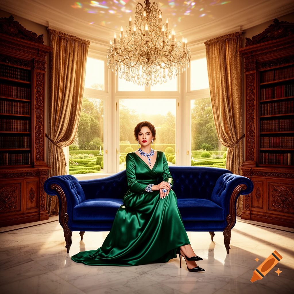 A glamorous woman in a green gown and sapphire jewelry sits on a blue velvet sofa in a luxurious room with a chandelier and garden view.
