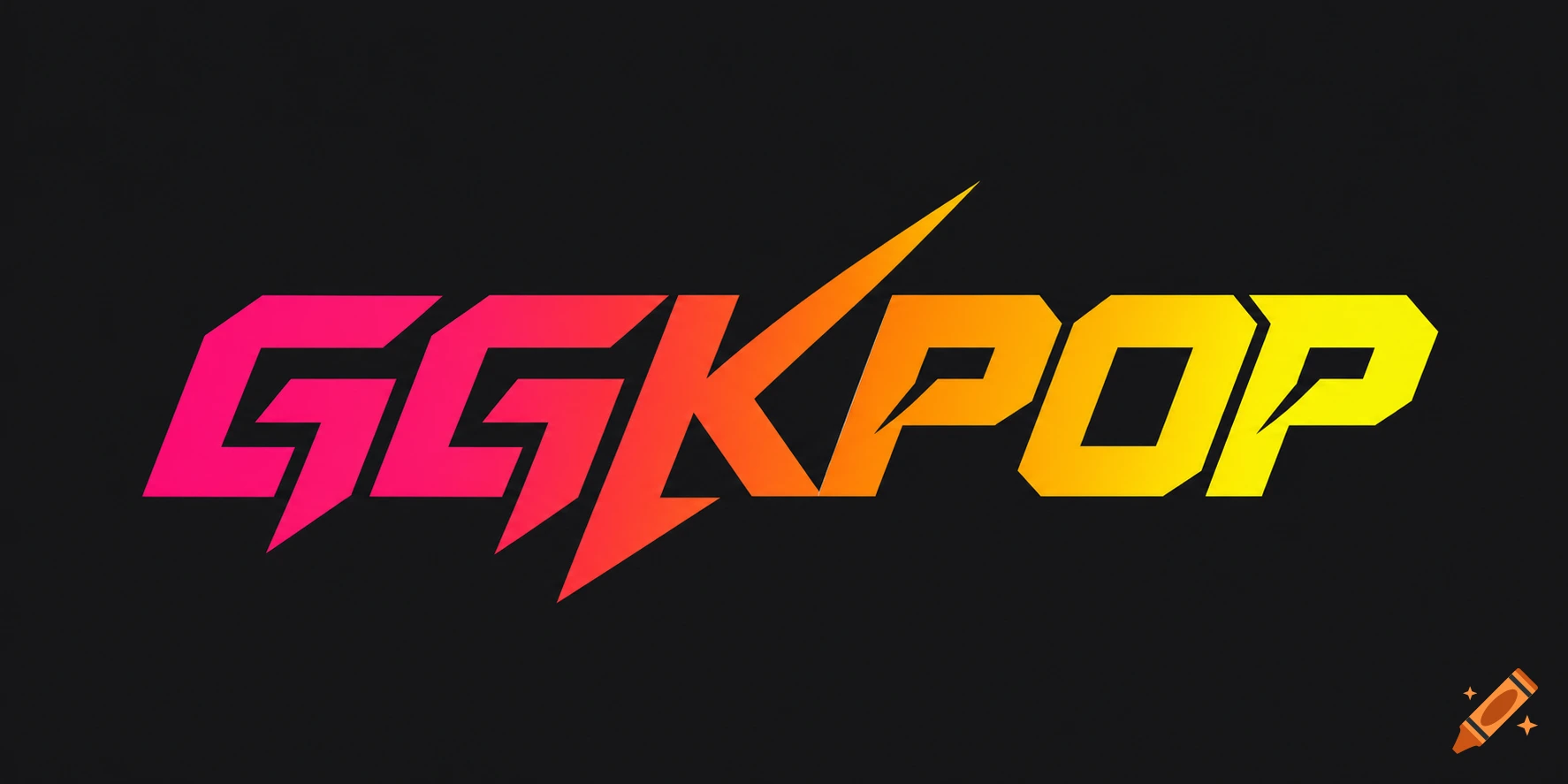 A vibrant "GGKPOP" logo in a sharp, geometric font with a pink-orange-yellow gradient on a dark gray background.