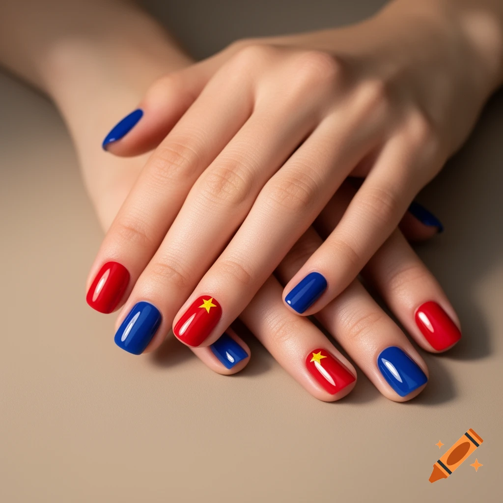 Close-up of hands with alternating glossy red and blue nail polish, each ring finger featuring a tiny yellow star accent.