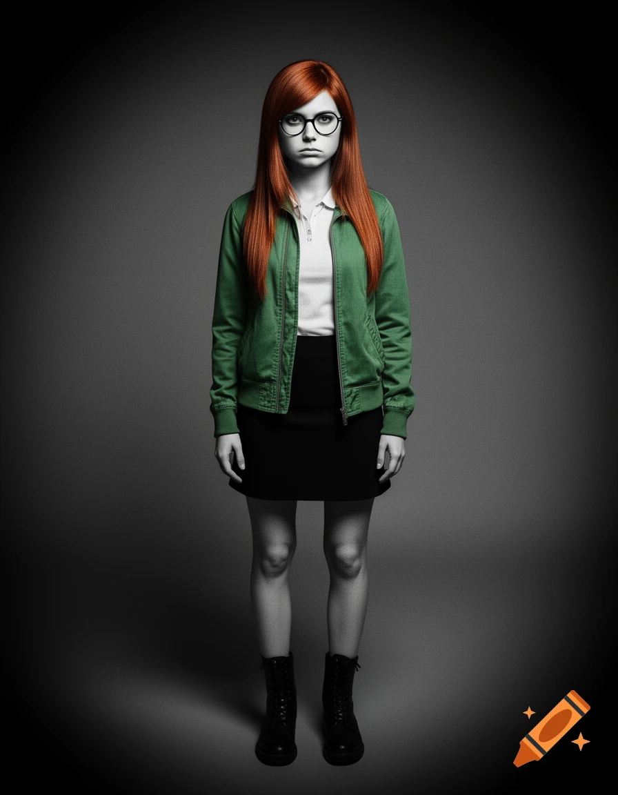 A young woman with long red hair, round glasses, a green jacket, black skirt, and combat boots stands against a gray background.