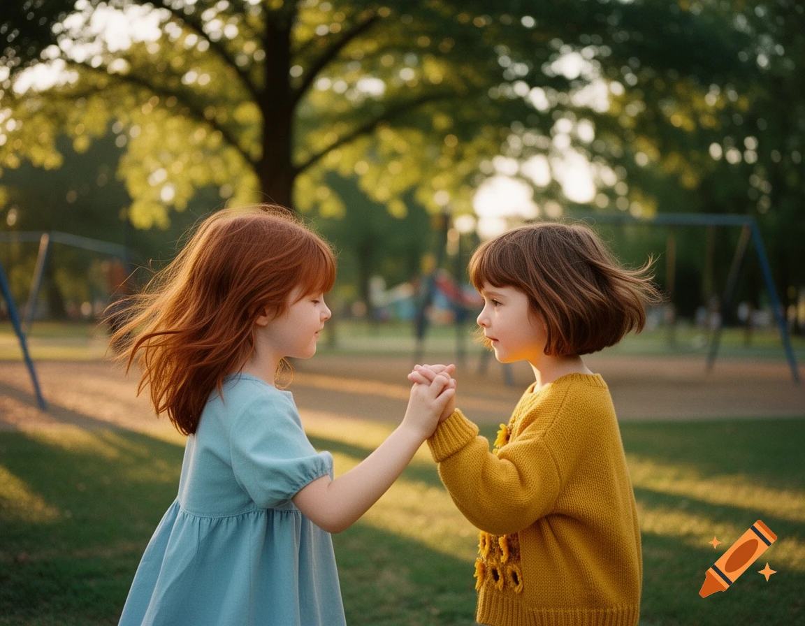 Two young girls, one with red hair and one with brown, holding hands in a sunlit park.