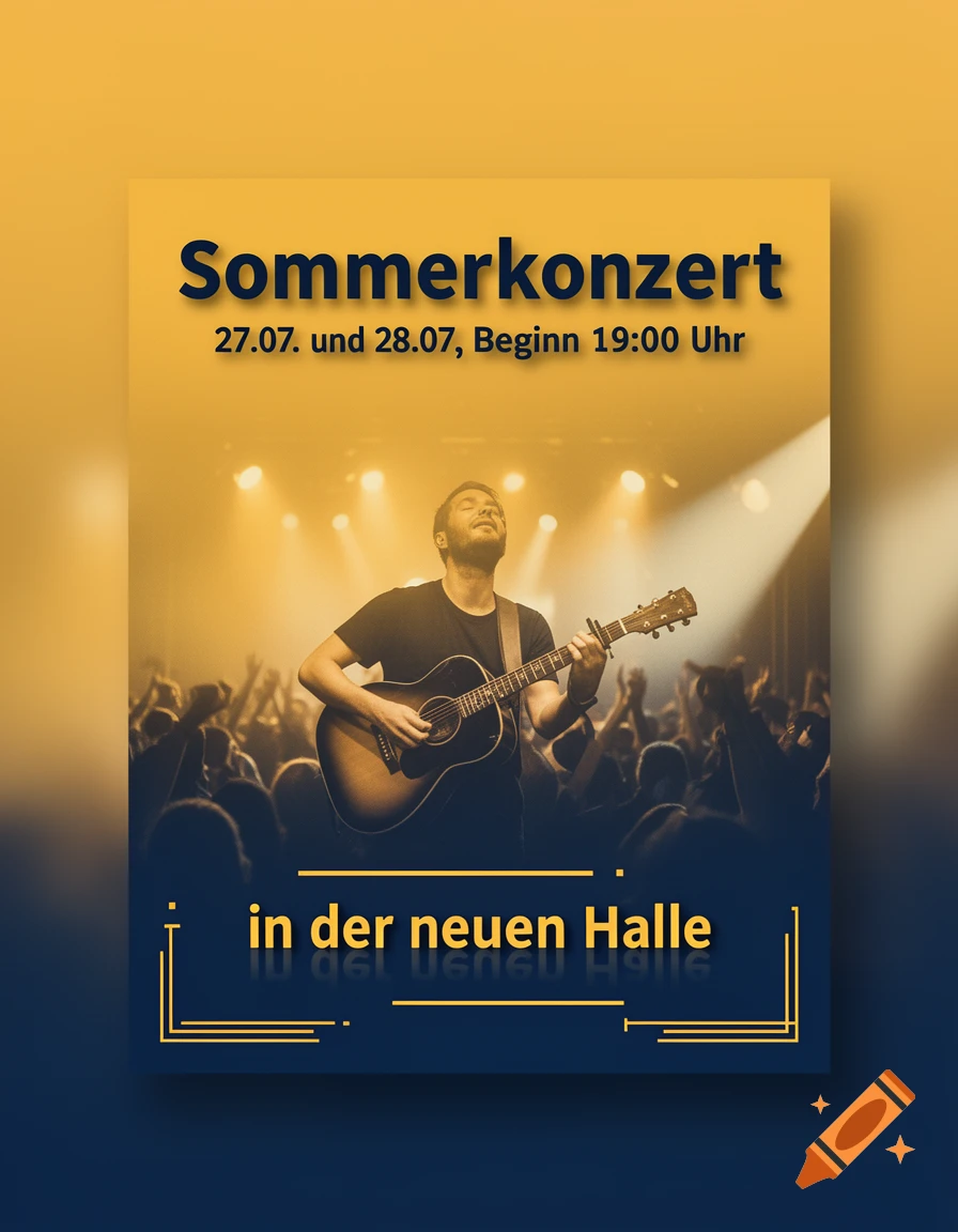 A yellow and blue concert flyer featuring a musician playing an acoustic guitar on stage with a cheering crowd, announcing a summer concert.