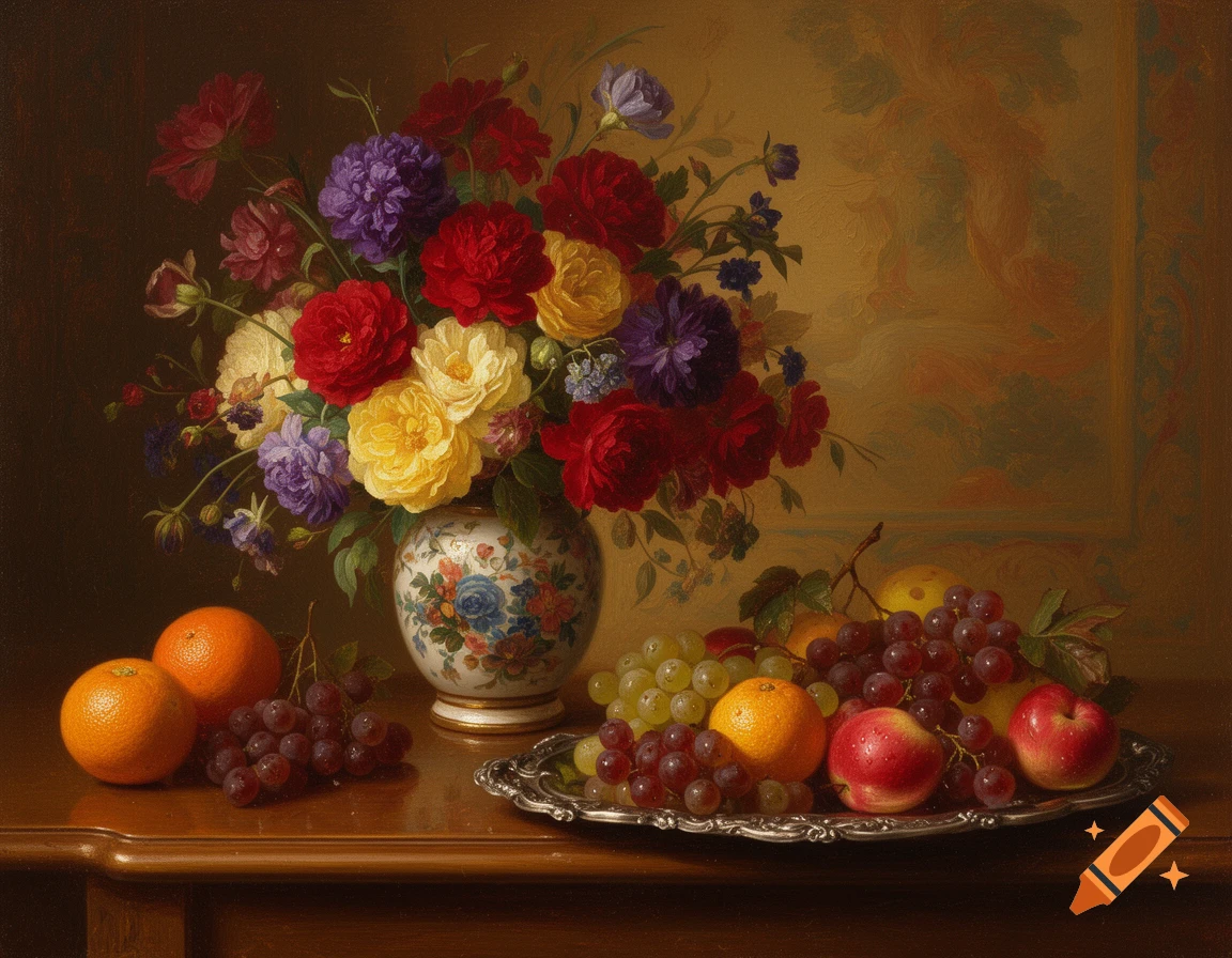 A vibrant still life oil painting showing a bouquet of colorful flowers in a patterned vase and assorted fruit on a wooden table.