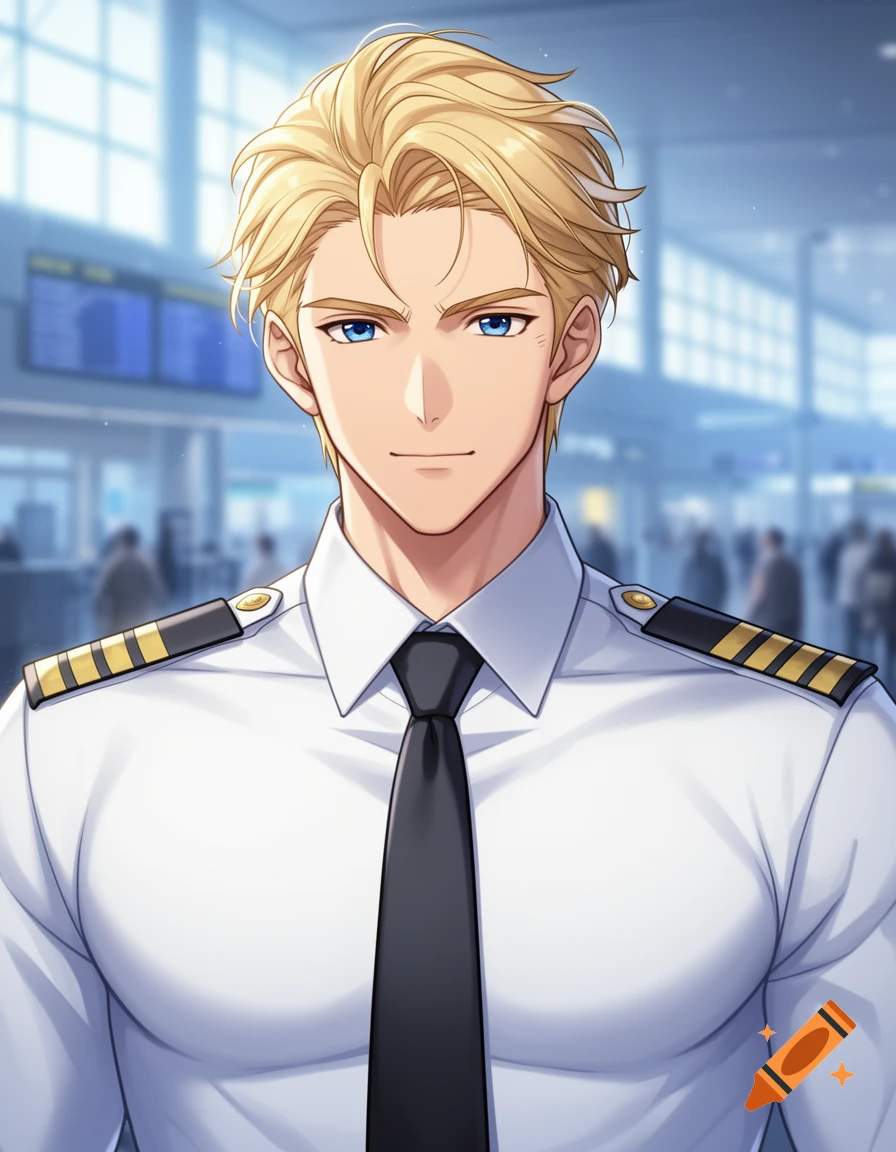 Anime-style portrait of a handsome blond man in a white pilot shirt and black tie smiling at an airport.