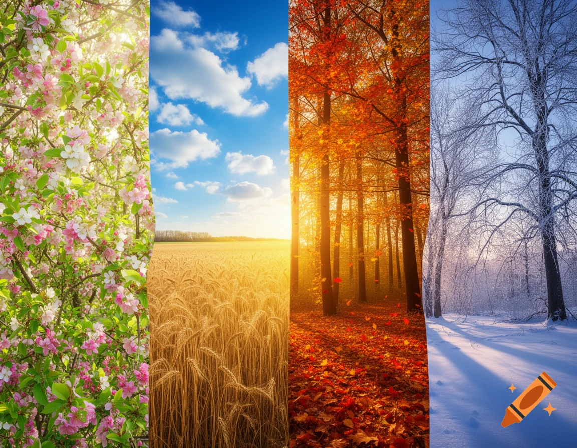 A four-panel collage depicting the four seasons: spring blossoms, summer wheat field, autumn forest, and winter snow.