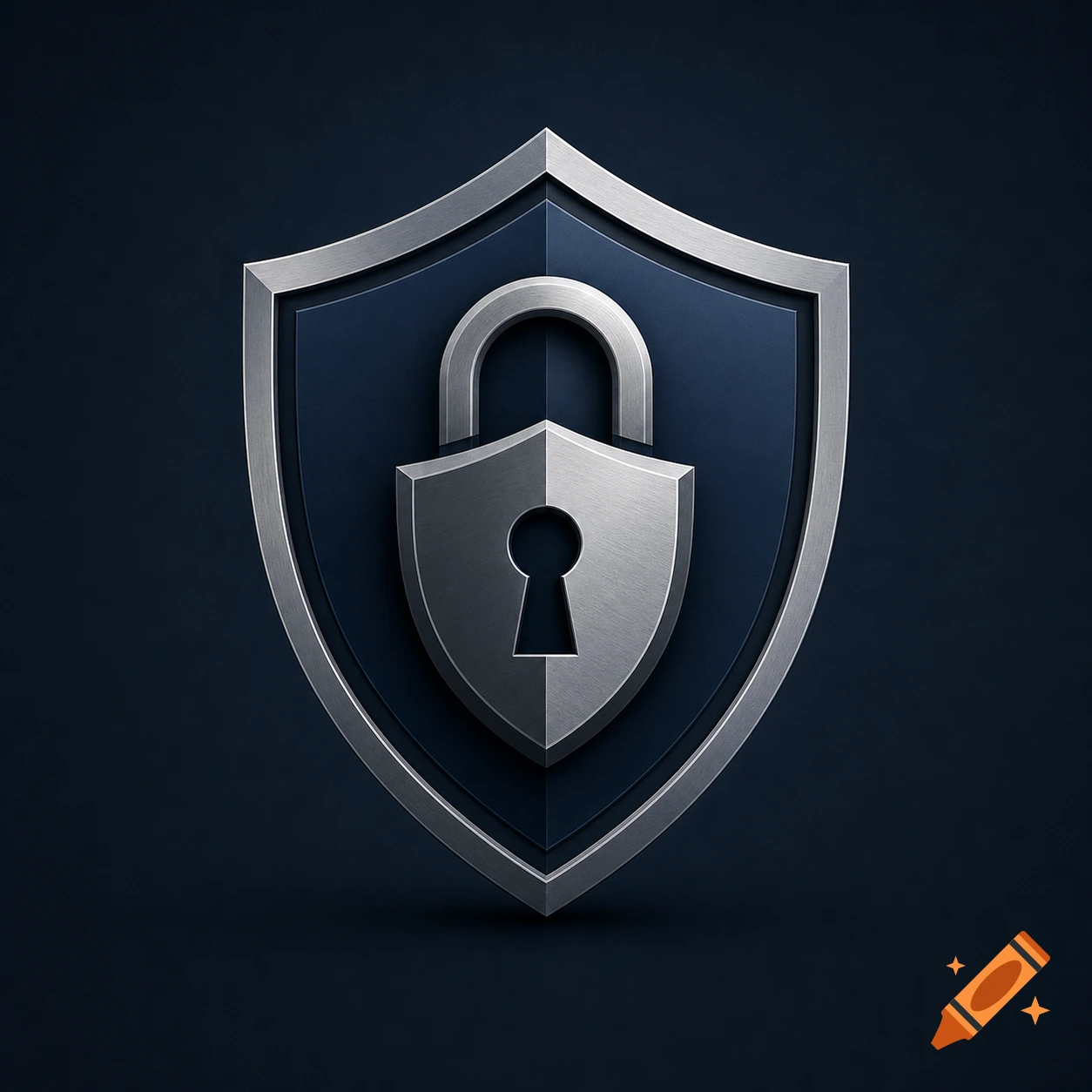 Metallic shield with a silver padlock icon in the center, set against a dark blue background.