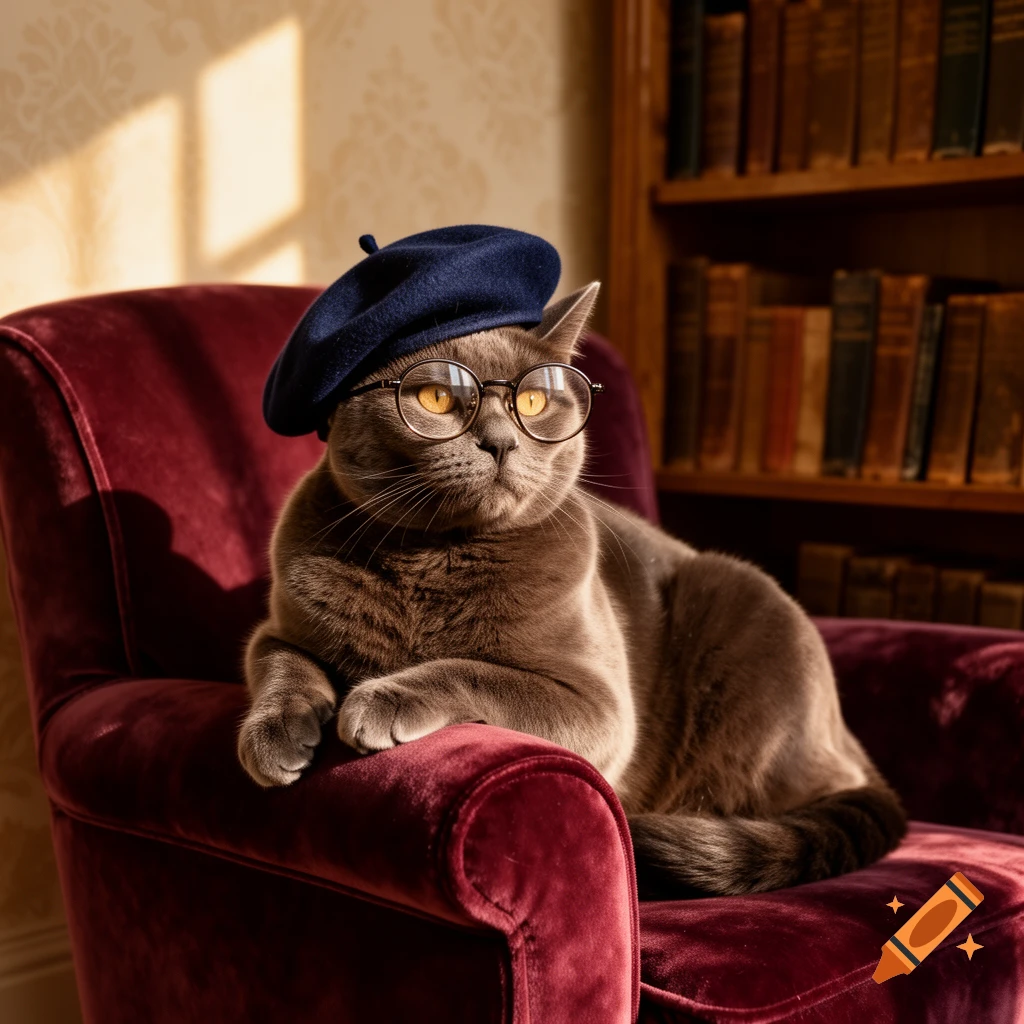 A photorealistic brown cat wearing a navy beret and round glasses sits in a red velvet armchair, with a bookshelf behind it.