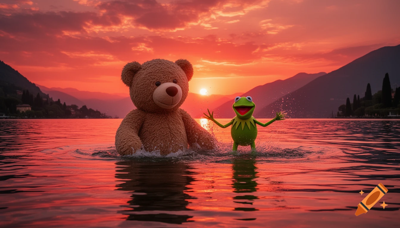 A large brown teddy bear and Kermit the Frog splash in a lake with a fiery red-orange sunset reflecting on the water.
