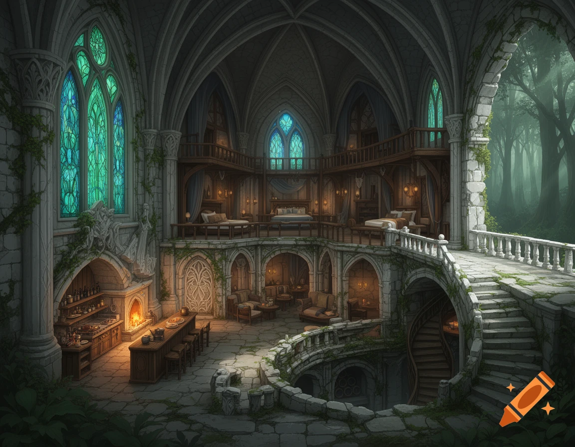 Detailed fantasy tavern within ancient elven temple ruins, featuring multiple levels, glowing stained glass, a bar, fireplace, and a stone staircase leading to a misty forest.