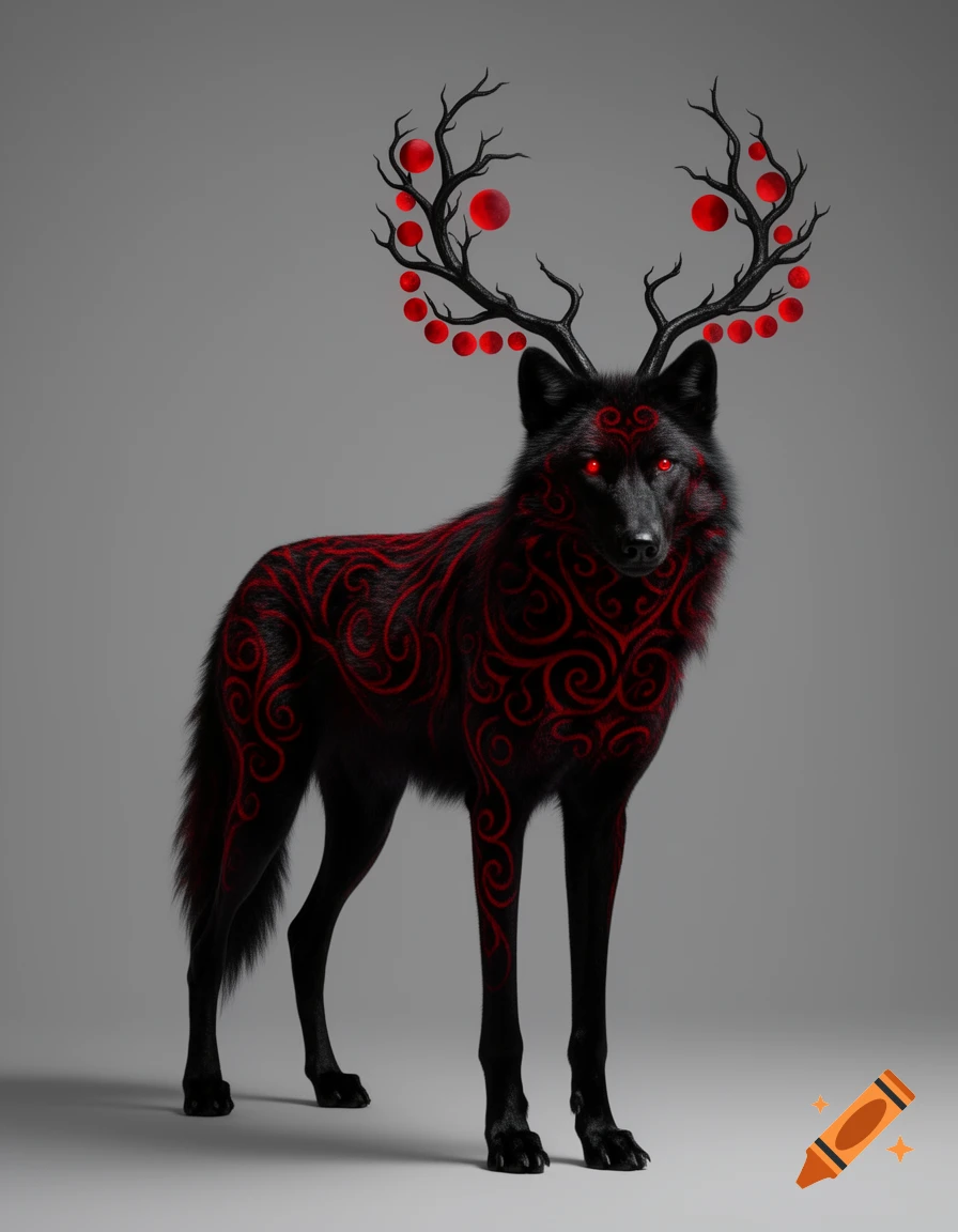 A black wolf with intricate red swirl patterns, red eyes, and gnarled branch antlers adorned with red moons, against a grey background.