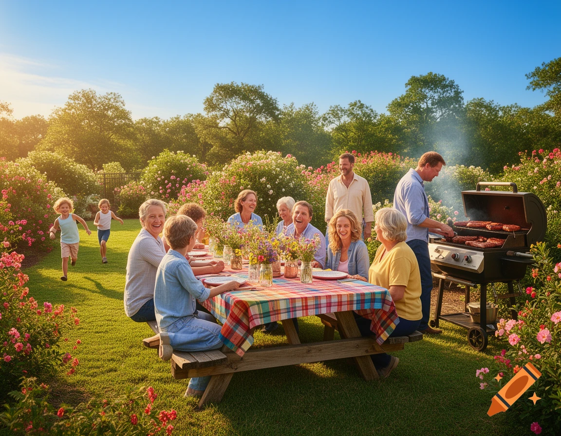A large family enjoys a photorealistic outdoor barbecue in a lush garden with blooming flowers, children running, and a man grilling food.
