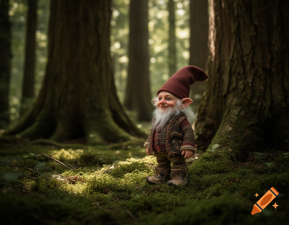 A photorealistic smiling old gnome with a white beard and red hat stands on mossy ground in a sunlit forest.