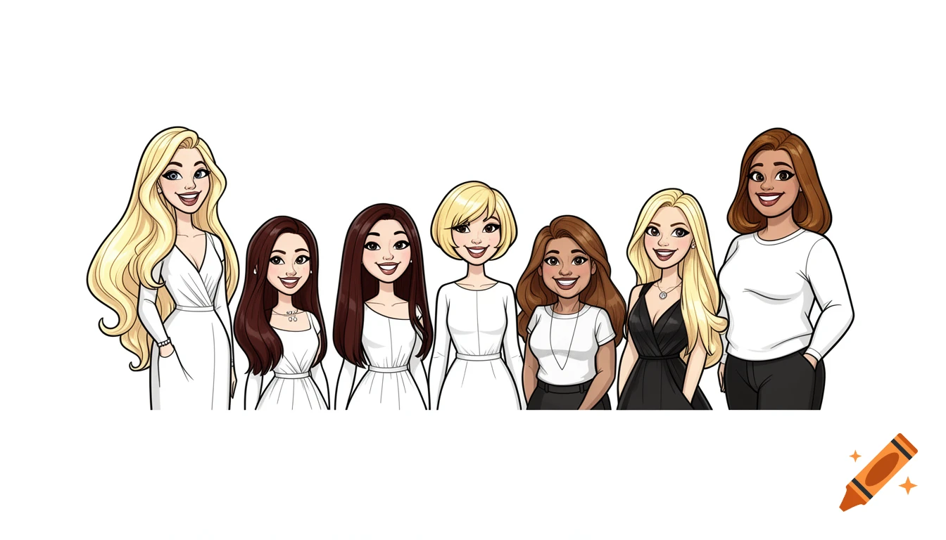 Seven cartoon women with varying hairstyles and skin tones, standing side-by-side on a white background, smiling.