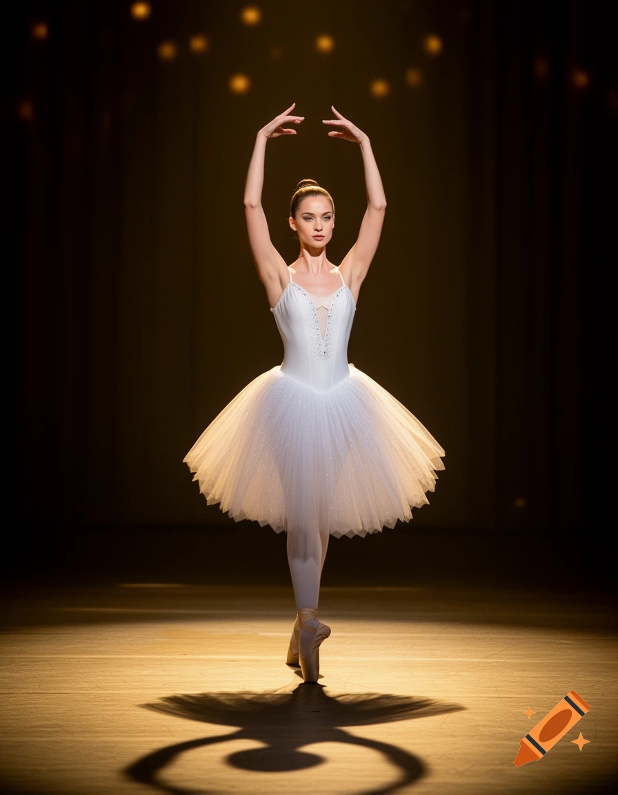 A graceful ballerina in a white tutu and pointe shoes stands en pointe on a spotlighted stage.