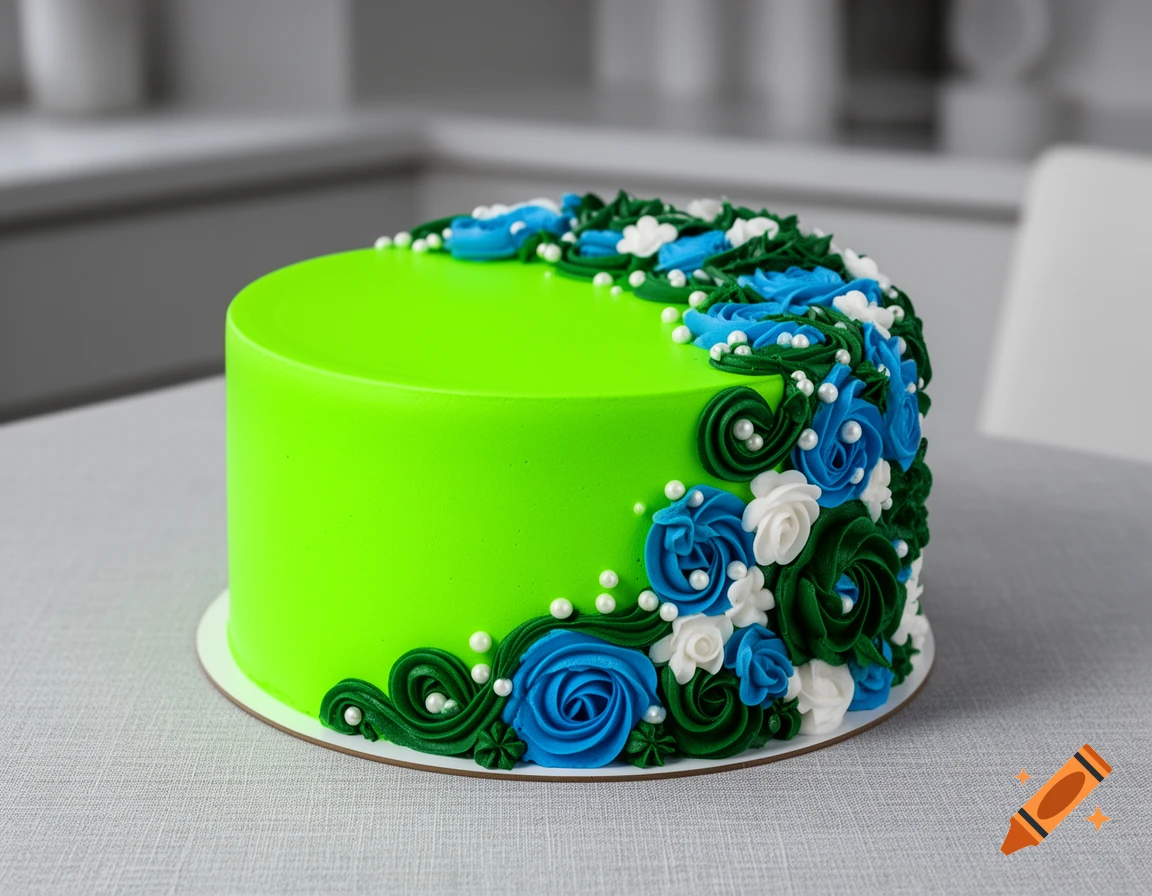 Ultra-photorealistic neon green buttercream cake with blue, white, and dark green floral decorations.