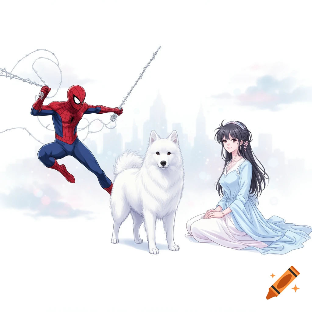 Anime illustration of Spider-Man swinging above a white Samoyed dog and a kneeling woman in a light blue dress, with a city skyline background.