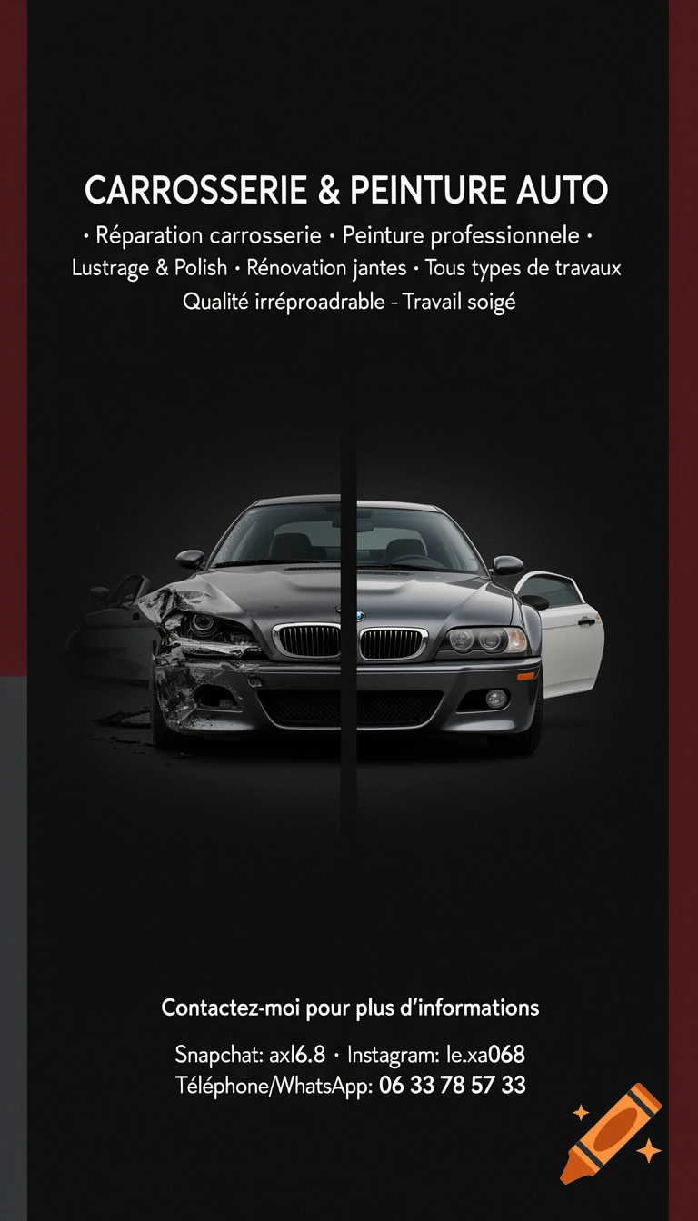 Professional black and red poster advertising auto body and paint services, featuring a BMW M3 E46 split down the middle, showing it damaged on the left and repaired on the right.