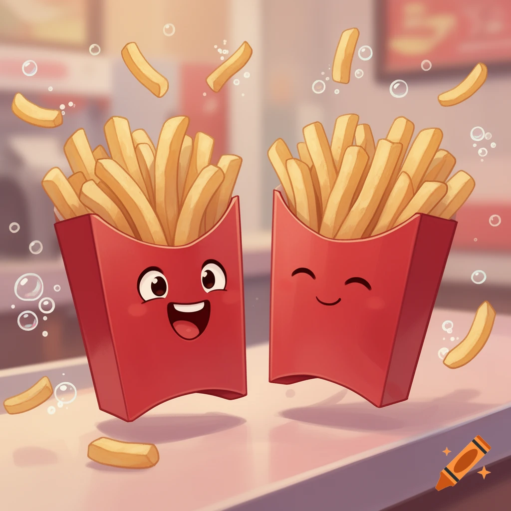 Two happy cartoon French fry cartons, one laughing, one smiling, surrounded by floating fries and bubbles in a cute illustration.