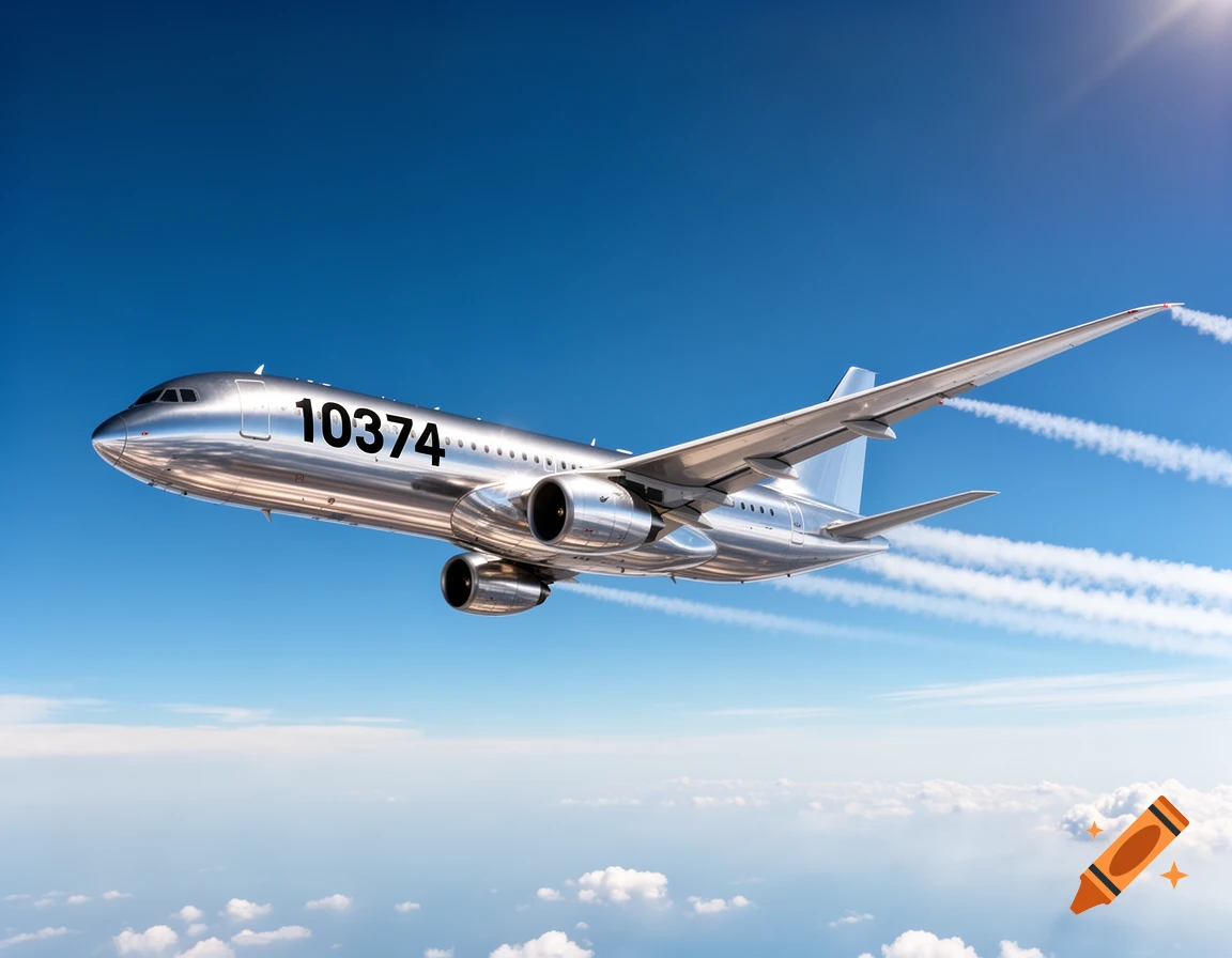 A shiny silver commercial aircraft with the number 10374 on its side flies through a clear blue sky above white clouds, leaving contrails.