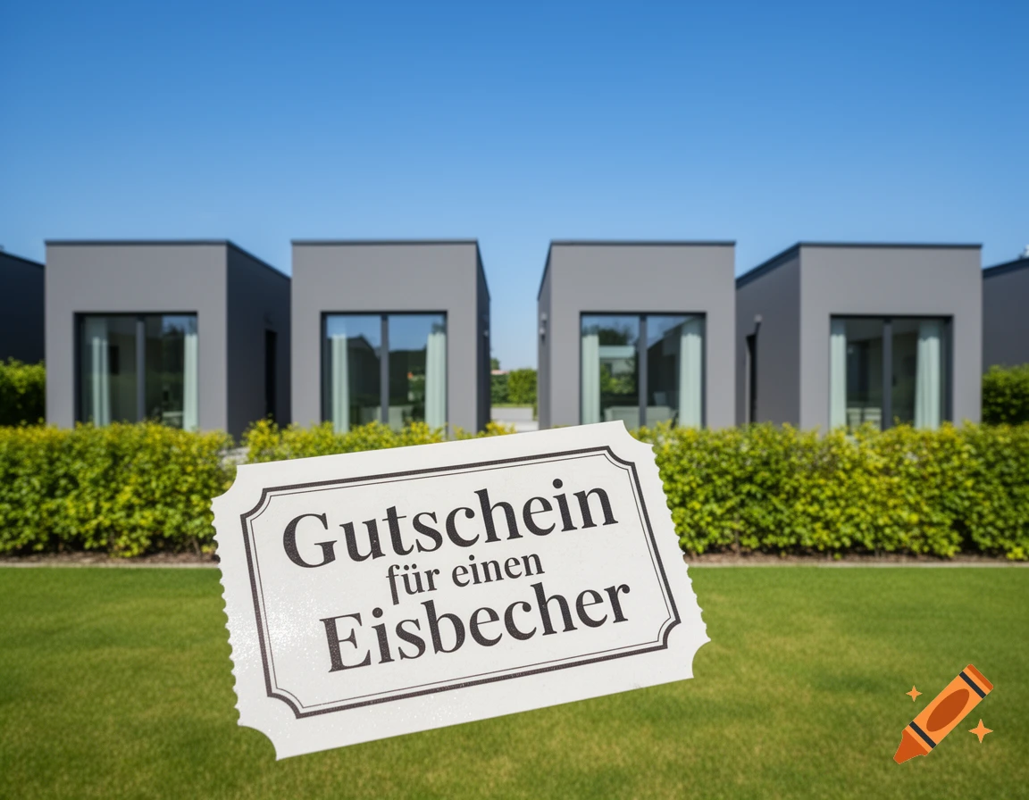 A close-up of a white voucher on green grass, reading 'Gutschein f r einen Eisbecher', with modern gray houses under a blue sky in the background.