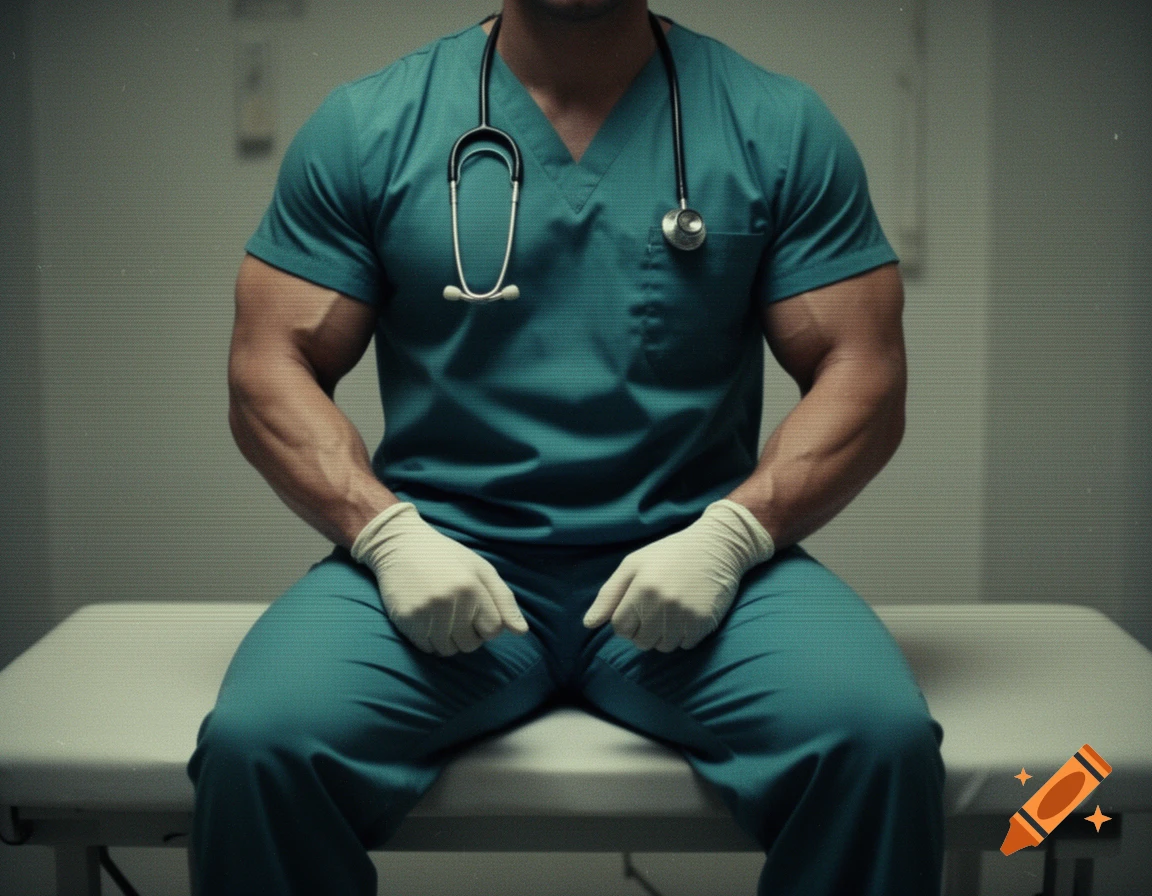 A muscular doctor in teal scrubs, stethoscope, and ivory gloves sits on an examination table in a VHS-style photo.