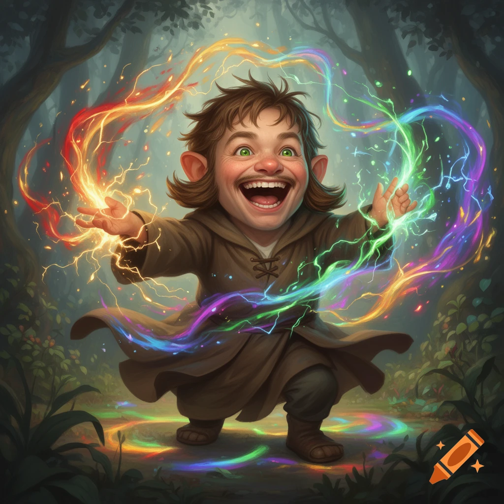 A laughing halfling sorcerer with green eyes casts a colorful rainbow spell in a magical forest.