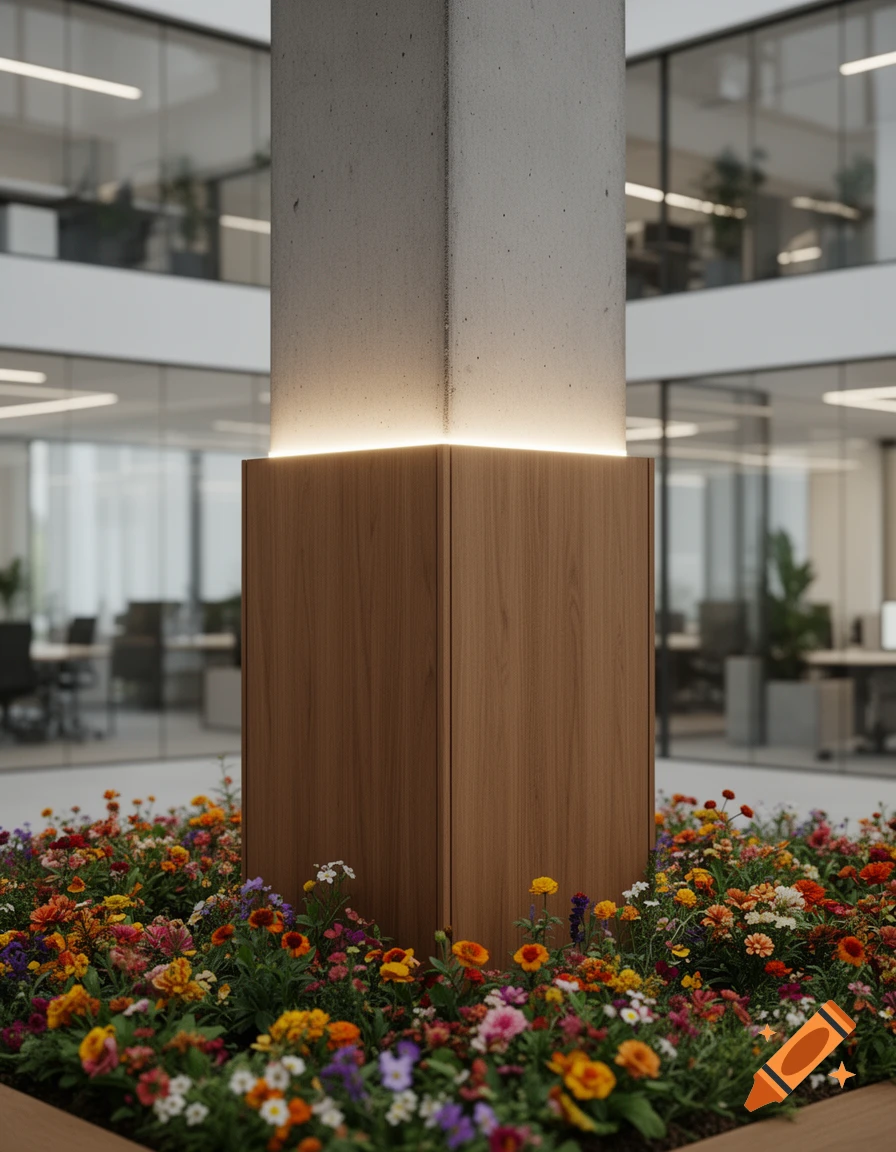 A concrete pillar with a wooden base and LED strip surrounded by a vibrant flowerbed in a modern office atrium.