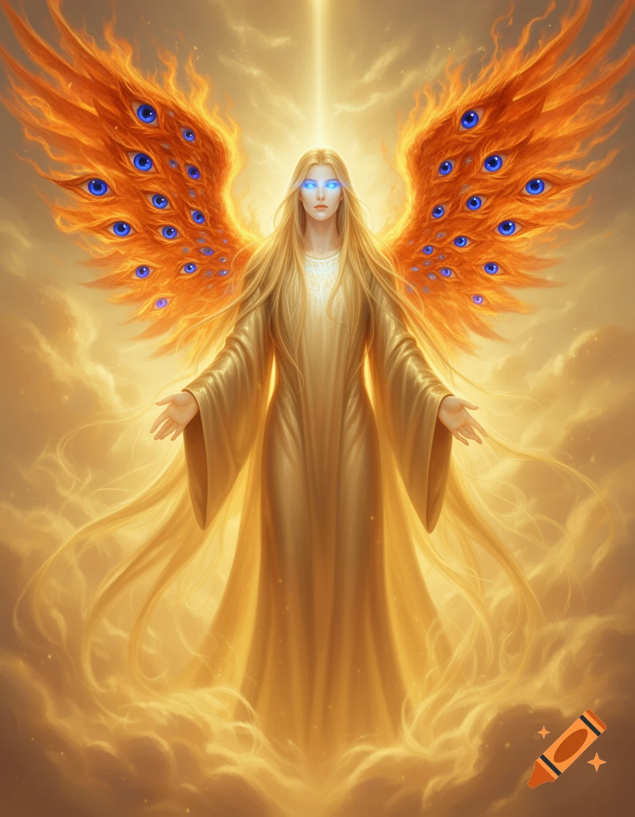 Ethereal golden-robed angel with glowing blue eyes and fiery wings covered in blue eyes, standing in heavenly light.