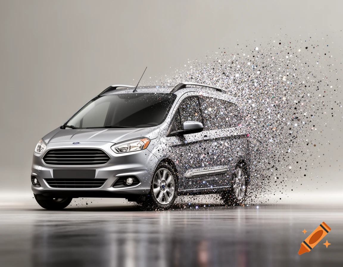 Silver Ford Tourneo Courier van dissolving into sparkling particles against a grey background, with a reflective floor.