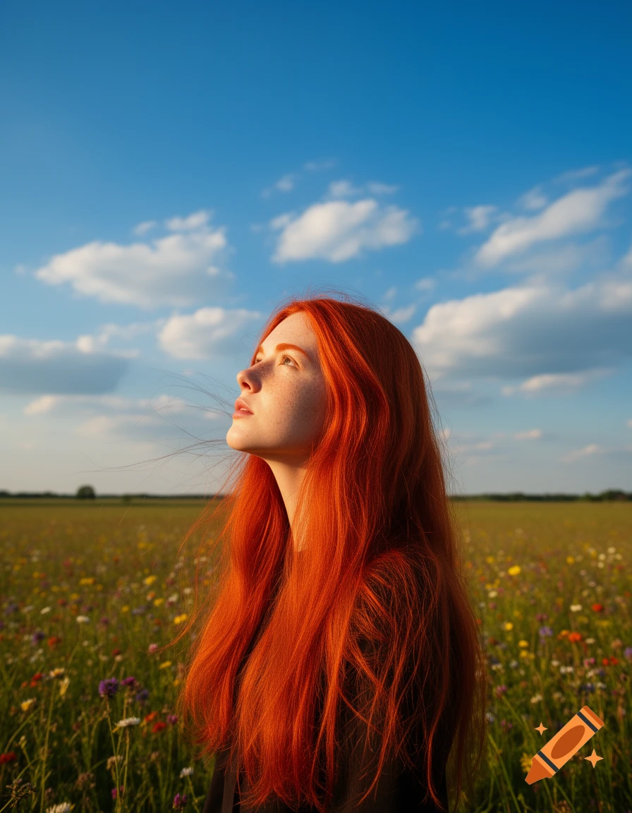 A red-haired woman looking up at the sky in a field of wildflowers under a partly cloudy blue sky, photorealistic.