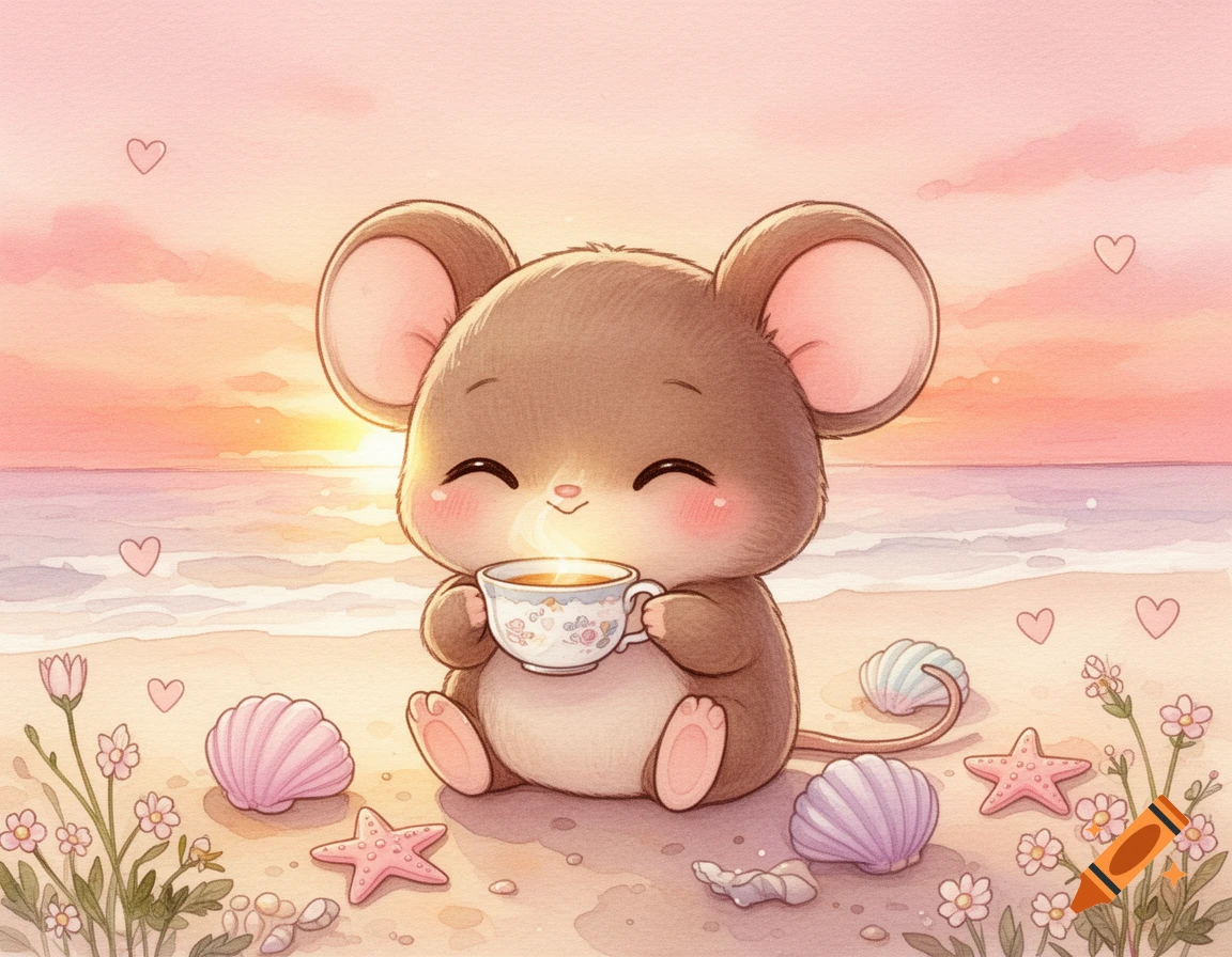 A cute chibi watercolor mouse sips tea on a beach at sunset, surrounded by shells, starfish, flowers, and hearts.