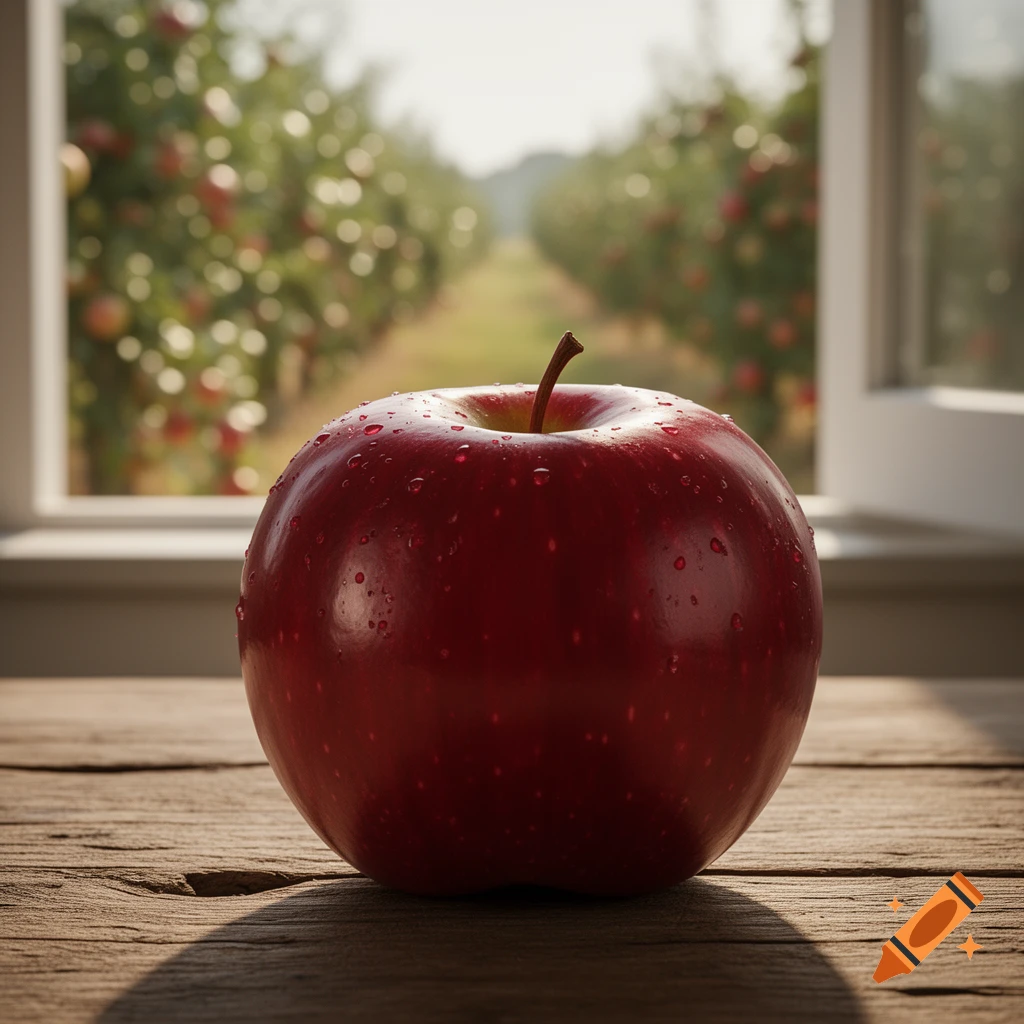 A close-up of a wet red apple on a rustic wooden table, with a blurred apple orchard visible through a window, photorealistic.