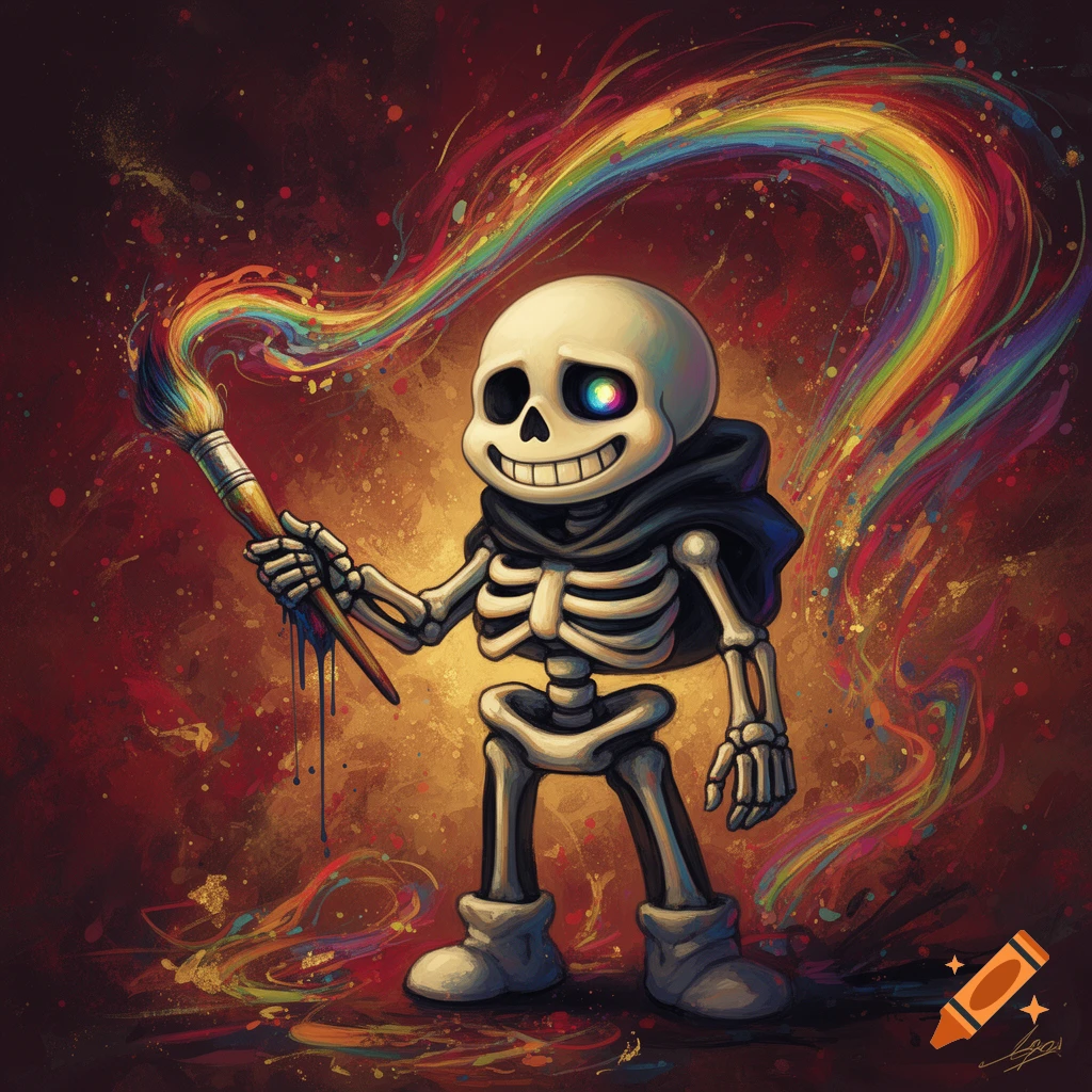 Smiling skeleton character in a black hoodie holding a paintbrush, creating a colorful rainbow paint trail.