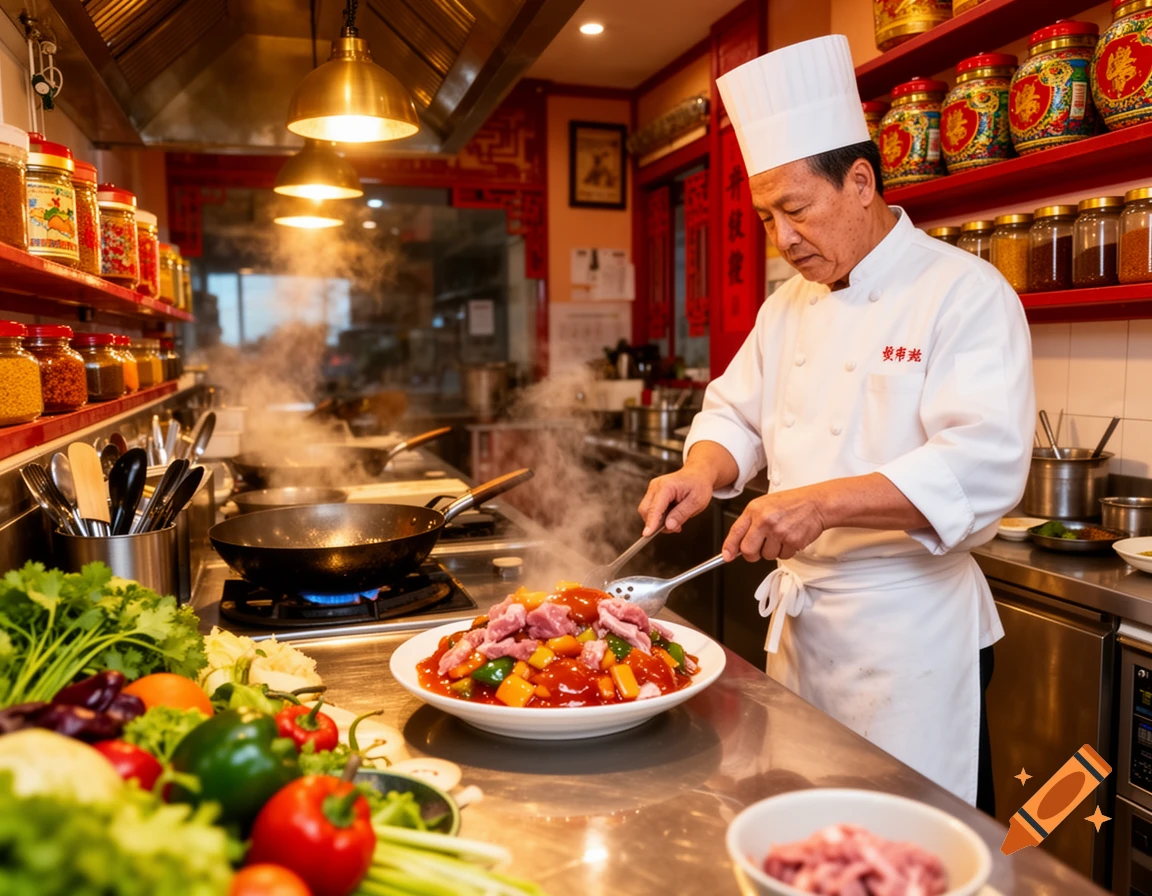 A Chinese chef in a white uniform and hat stir-fries meat and vegetables in a wok, with fresh ingredients on a stainless steel counter.