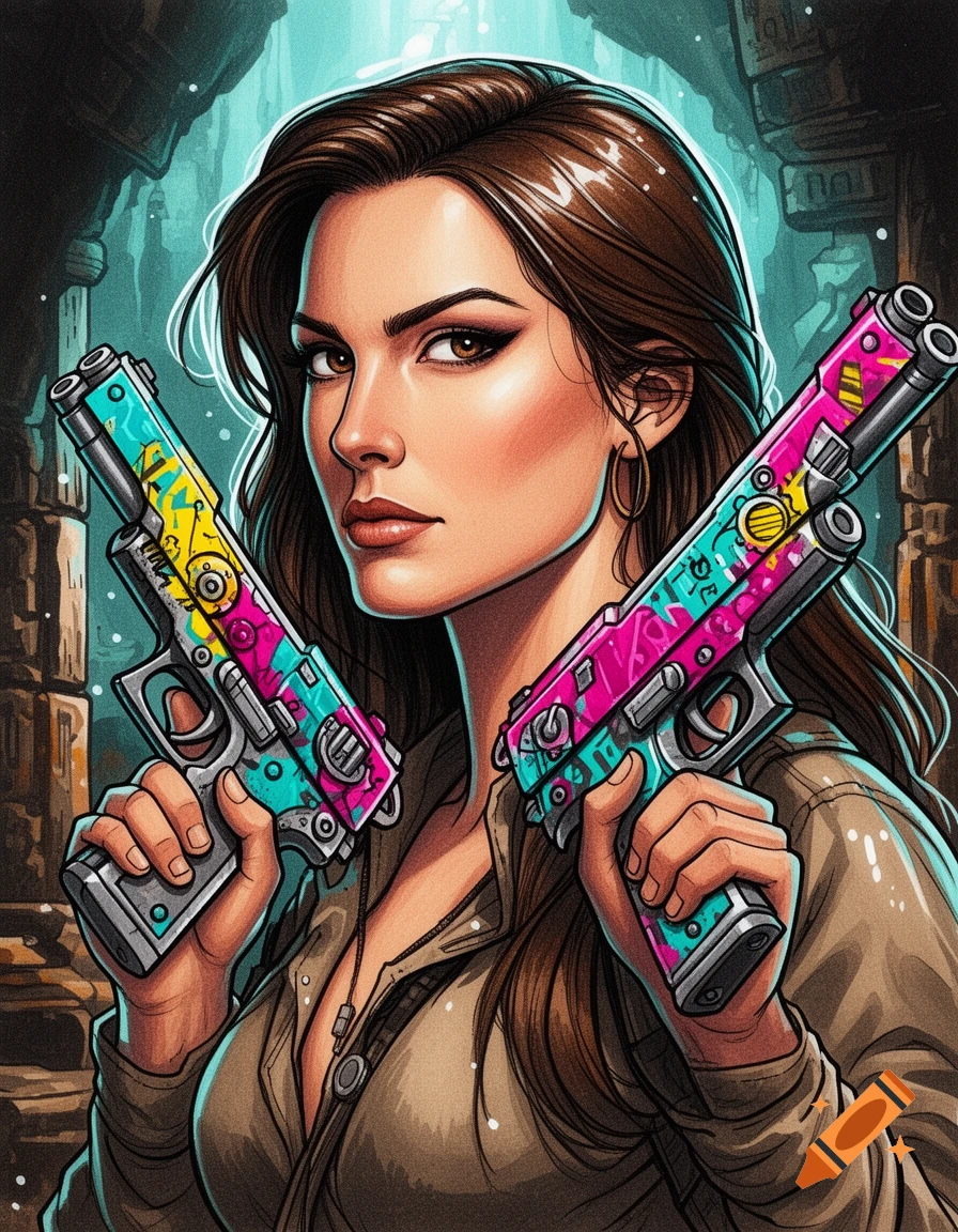 An illustration of a fearless archaeologist with long brown hair, holding two oversized, colorful graffiti-decorated pistols in an ancient ruin setting.